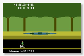 Screenshot of Pitfall for Atari 2600. Harry is jumping onto a scorpion in the subterranean level. Above ground, crocodiles fill a pond.