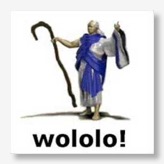 The Age of Empires monk in his 'convert' enemy unit pose, with the word wololo printed underneath