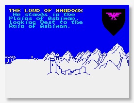 Screenshot of The Lords of Midnight. It shoes the outlines of a citadel, a mountain, and a forest, and the text on-screen reads 