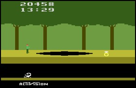 Screenshot of Pitfall for Atari 2600. Harry is on ground level, to the left of a tar pit. On the right is a gold ring. Below is a scorpion.
