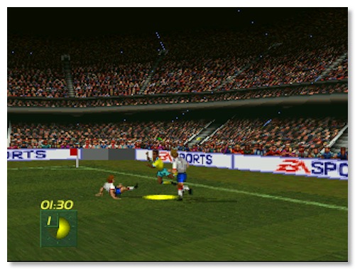 A screenshot of FIFA International Soccer for 3DO, showing a Brazilian player falling after a heavy tackle. The camera is positioned on the field, pointing towards the corner flag, and the crowd is visible in the background.