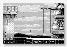 A screenshot of Dark Castle (Mac, 1986) showing the Fireball 1 level.