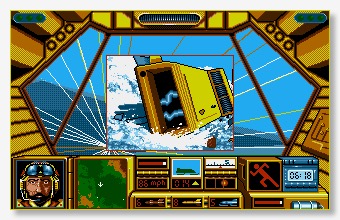 A screenshot of Amiga game Midwinter that shows a picture of a snow mobile crashing inset within a first-person view from inside the vehicle.