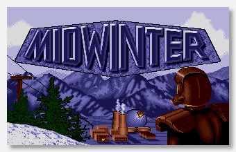 The title screen for Midwinter shows a man in armour overlooking a mountainside town or industrial complex that appears poised to explode.