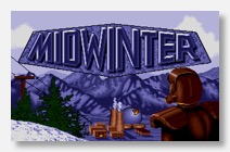 The title screen for Midwinter shows a man in armour overlooking a mountainside town or industrial complex that appears poised to explode.
