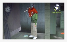 A screenshot from the 2006 game Bully with Jimmy fully clothed in the shower, with a bull's head on. He's trespassing, too.