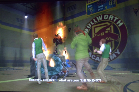 A screenshot from 2006 game Bully showing the nerds burning stuff in the gym.