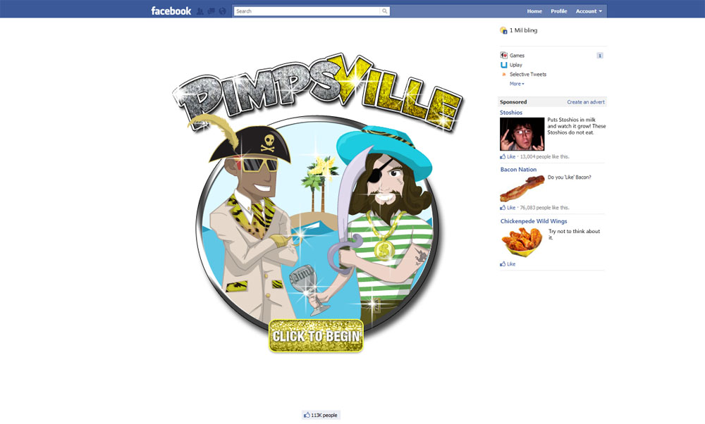 A screenshot of fake Facebook game Pimpsville