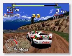 A screenshot of 1995 off-road rally racing arcade game Sega Rally Championship