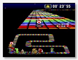 Screenshot of the Rainbow Road track from Super Mario Kart